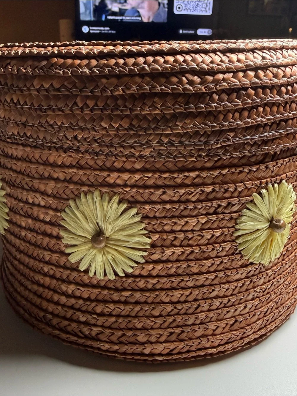 Woven Brown Storage Basket with Yellow Floral Accents